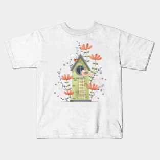 Green bird house and flowers Kids T-Shirt